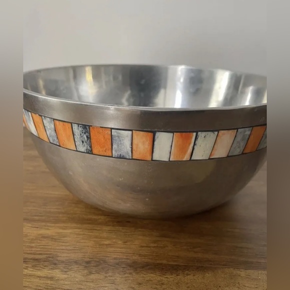 Polished Pewter Metal LARGE Bowl with Mother of Pearl Detail - Picture 3 of 8